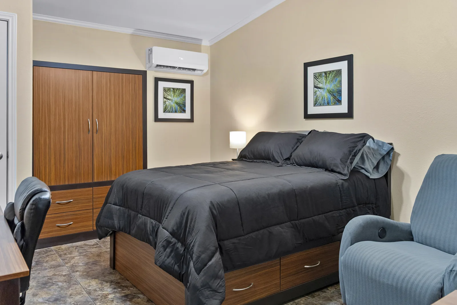Bayou queen storage bed, wardrobe and recliner