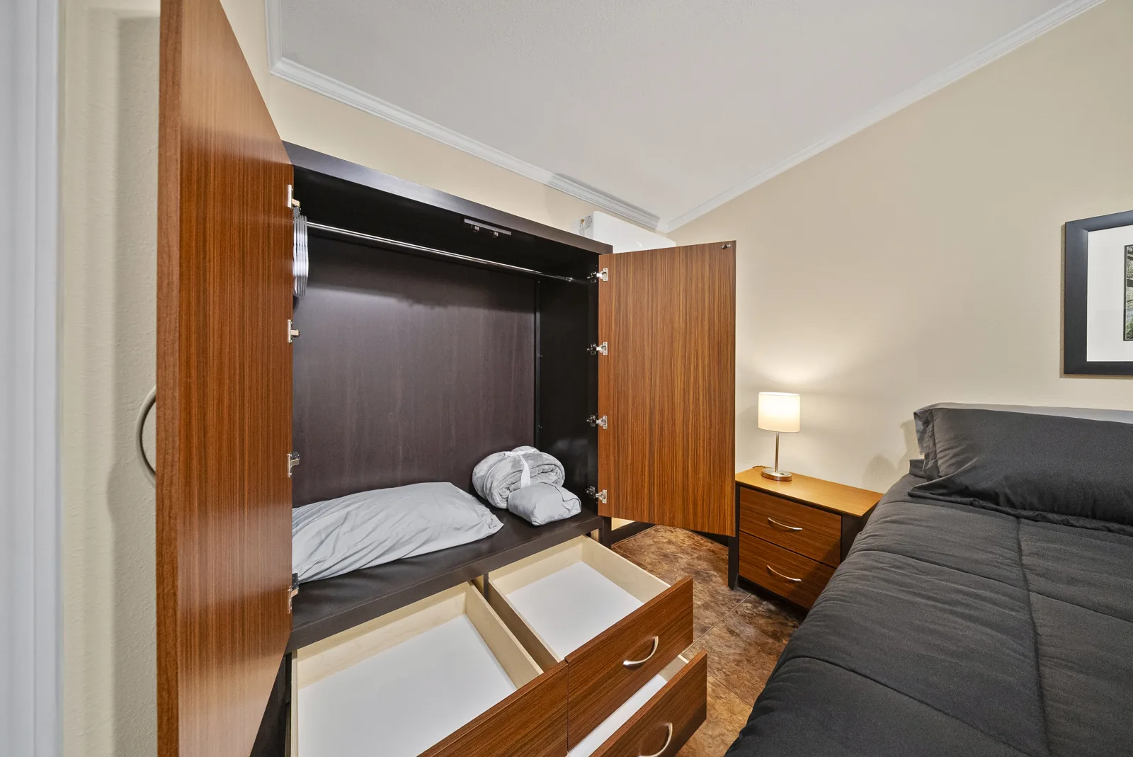 Bayou wardrobe open with bedding storage